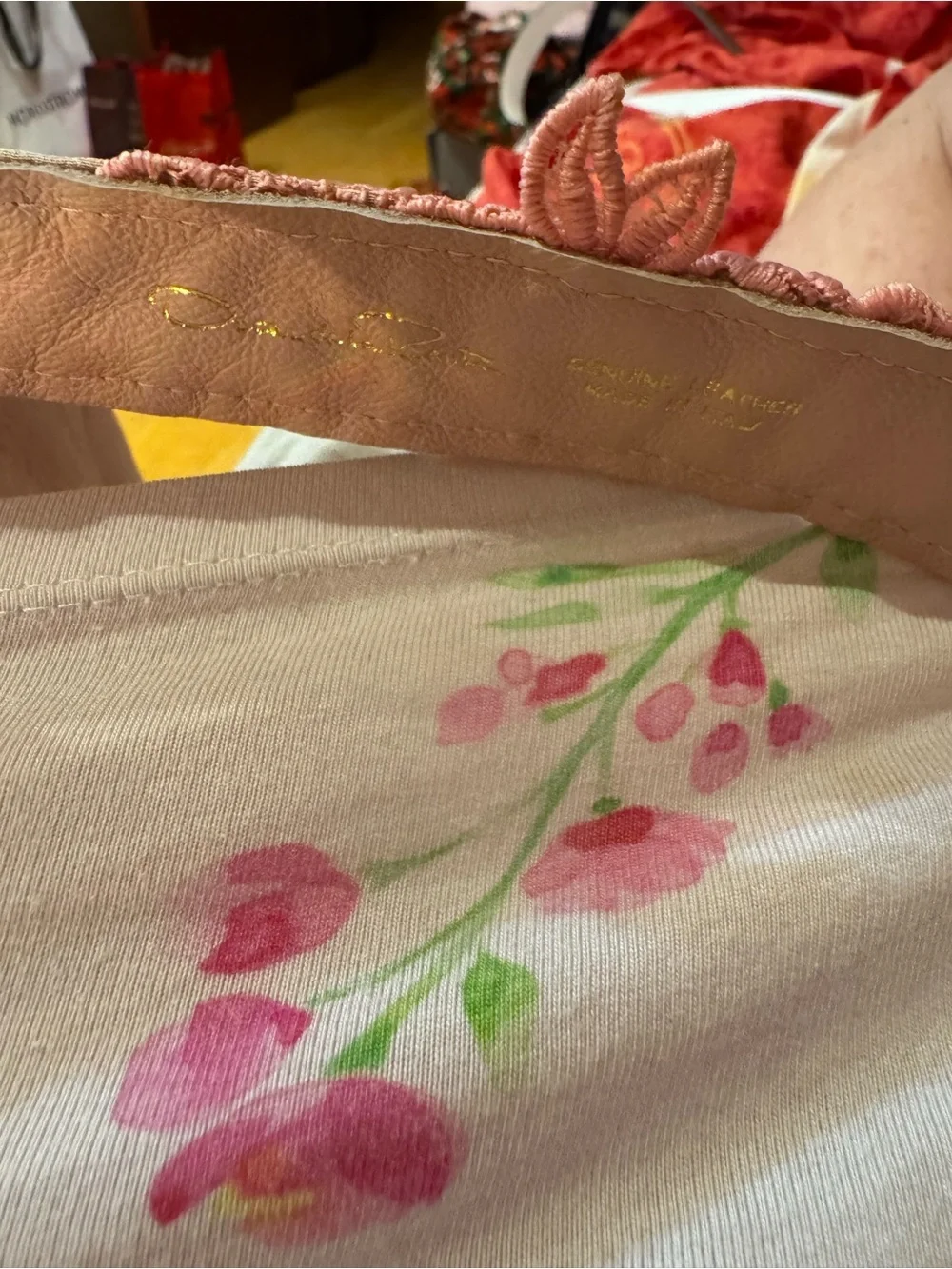Pink Buckle Floral Dress Detail - Coral and Blush Oscar de Laurenta